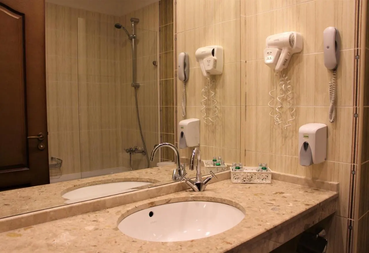 The bathroom — a basin in a stone counter, mirror, shower, hairdryer and telephone