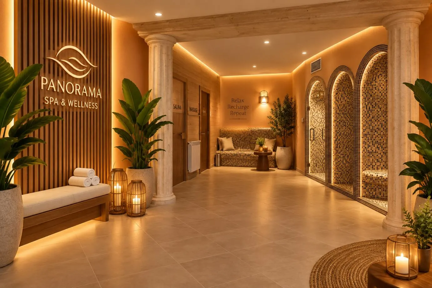 Design visualisation of the renovated Wellness Center — the entrance signed Panorama Spa & Wellness and an arched corridor